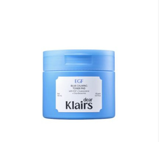 Blue jar of skincare product with 'dear Klairs' branding on a white background