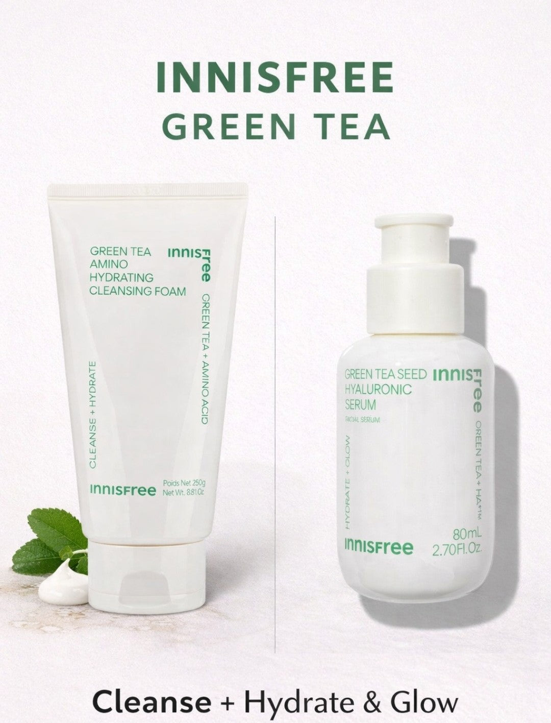 Innisfree Green Tea Cleanser and Hyaluronic Serum Set for Hydrating Skincare