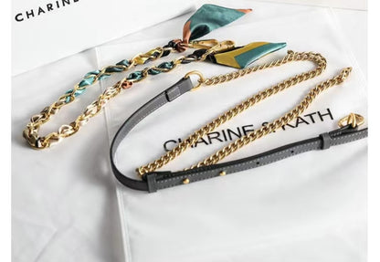 Gold chain and leather strap with silk scarf detail for grey crocodile-embossed handbag
